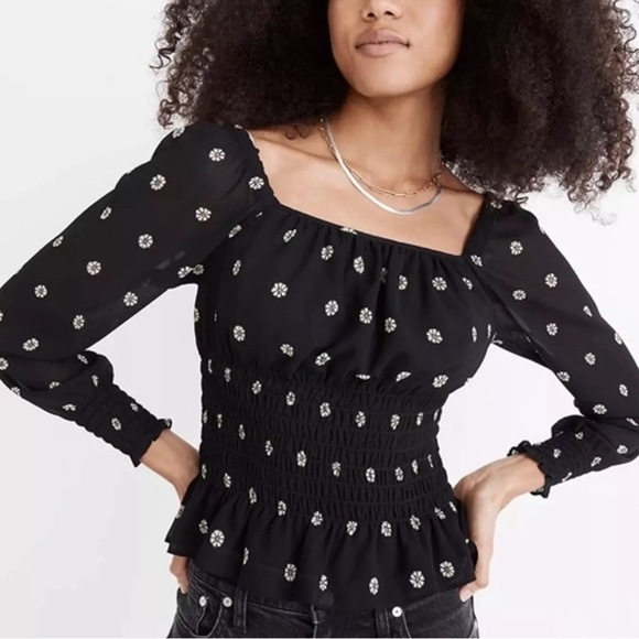 NWT MADEWELL Georgette Boho
Square-Neck Smock-Waist Top in
Bloom Dot Size XS - Picture 1 of 12